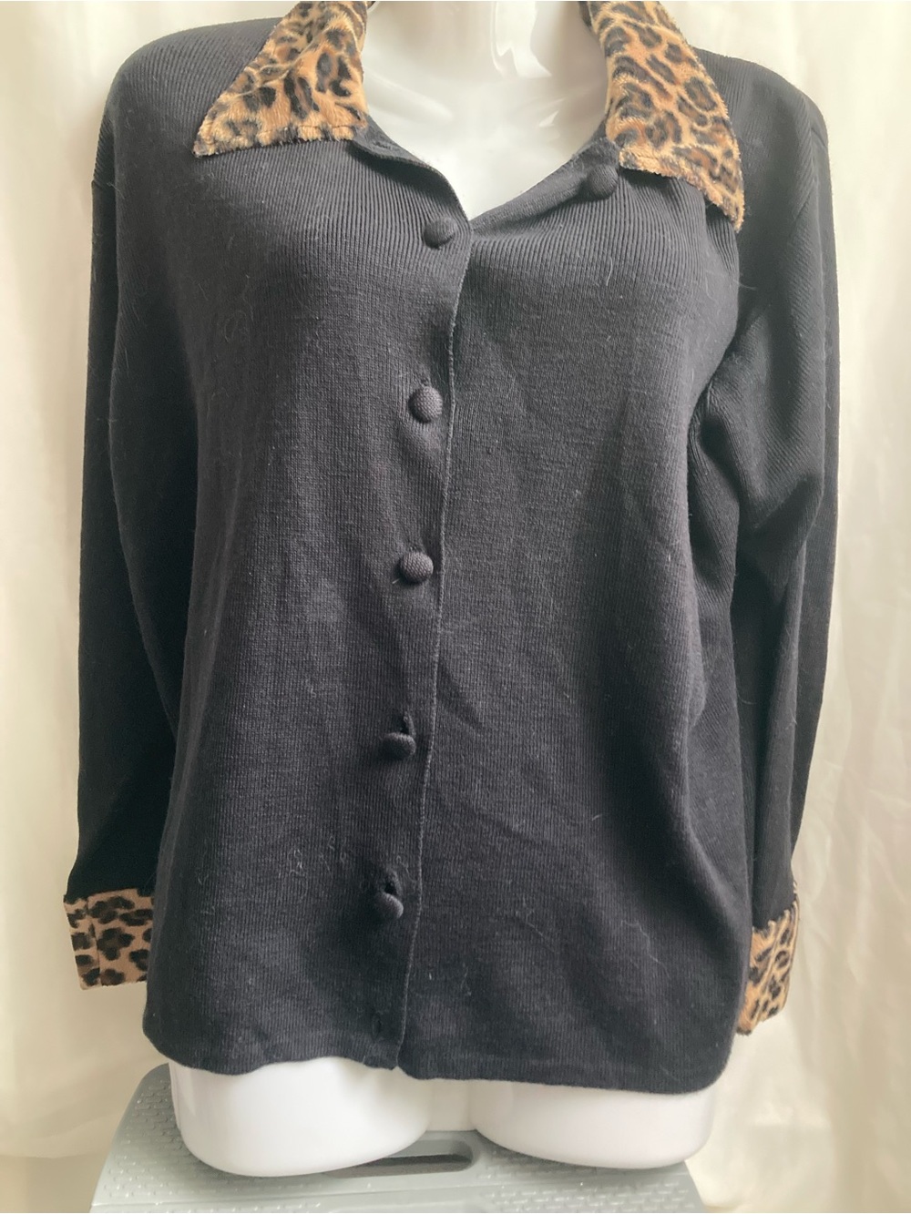 Franco Valeri Black Leopard Collar Cardigan Small